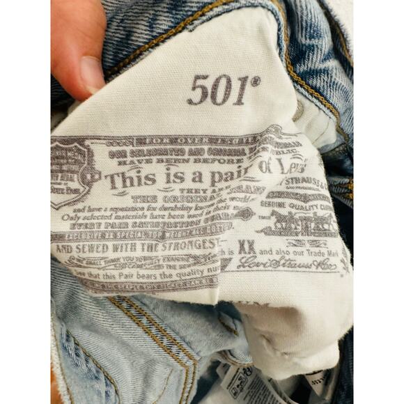 Levi's 501 Blue 100% Cotton Denim Patchwork Freehand Folk Jeans Size W 32 L 30 - Picture 14 of 16